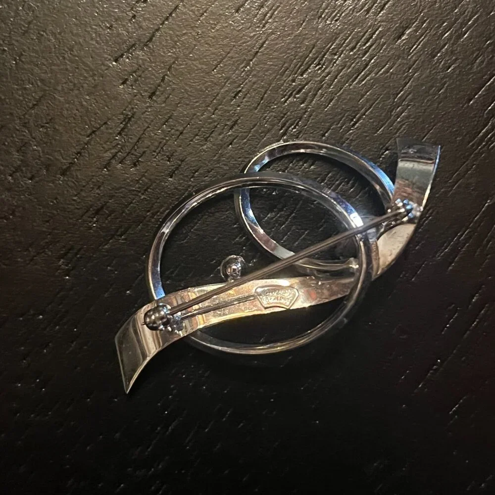 Vintage 925 Sterling Silver Van Dell Double Circle Brooch Rhinestone